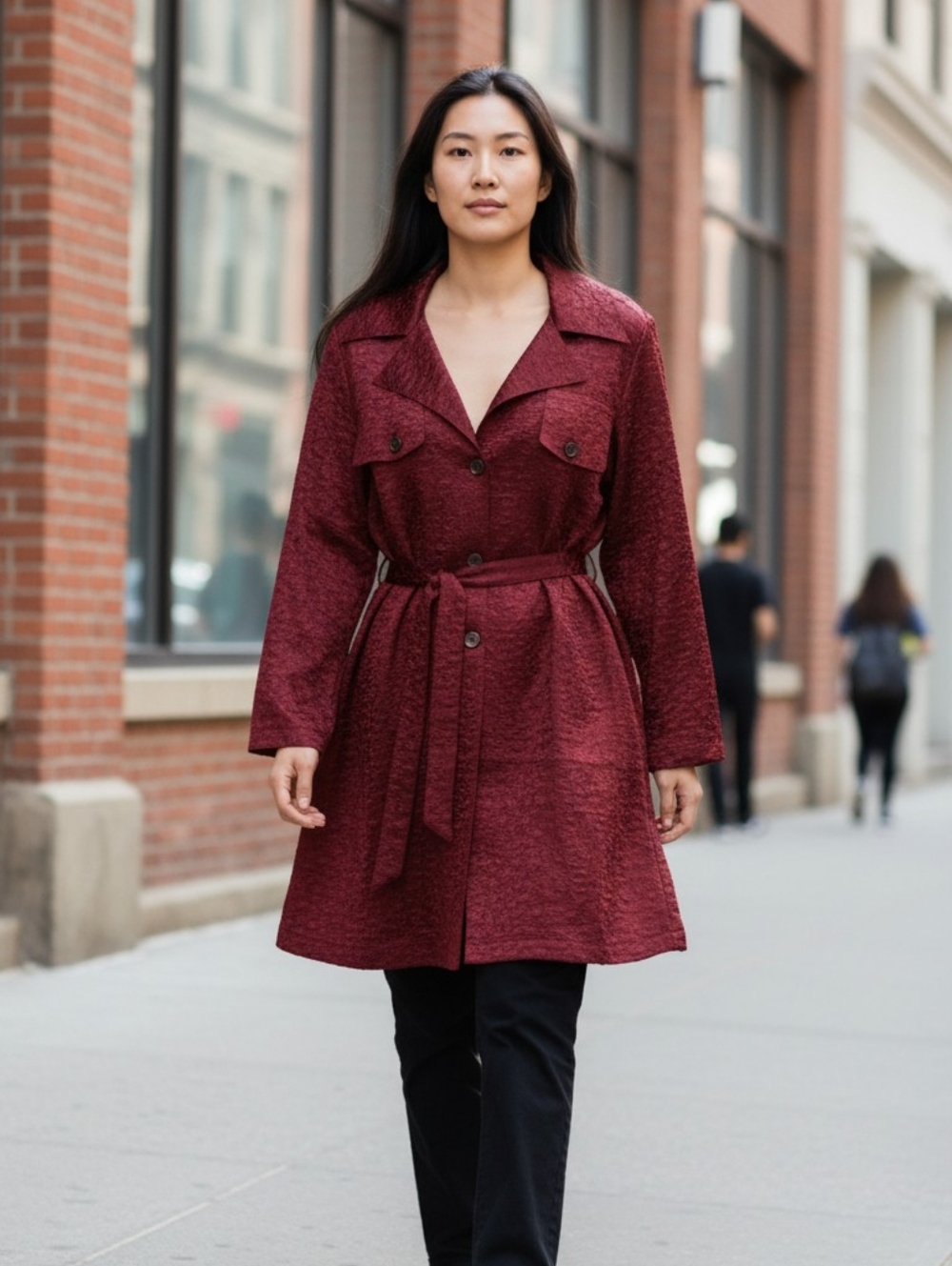 ABC COLLECTION Womens Textured Belted Trench Coat - Burgundy SIZE M-L